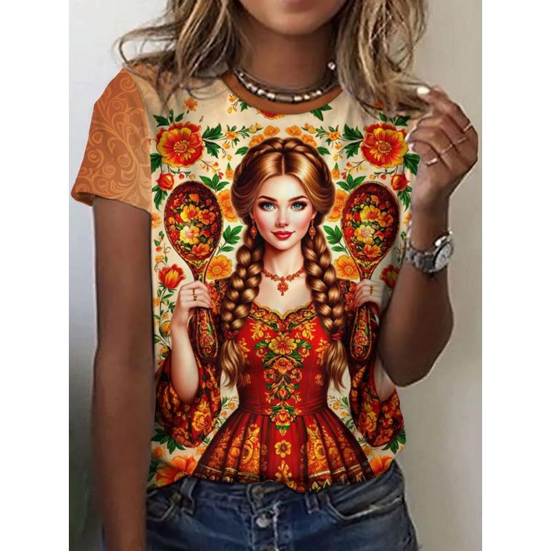 Russian Girl T-Shirts Floral 3D Print Summer Women Casual Round Neck Short Sleeve T Shirt Tees Harajuku Y2K Tops Female Clothing