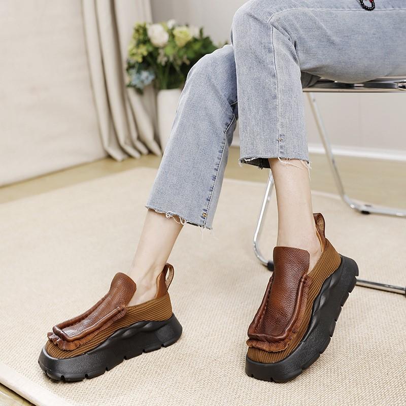 Johnature Vintage Flat Platform Shoes Women Handmade Round Toe Solid Color Comfortable Thick Sole Slip-on Shoes