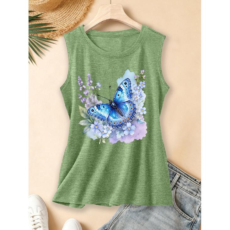 2026 Vintage Ink Floral Monarch Butterfly Print Women Sleeveless Vest Round Neck Daily Commute Spring Summer Autumn Tank Top S трава зеленый