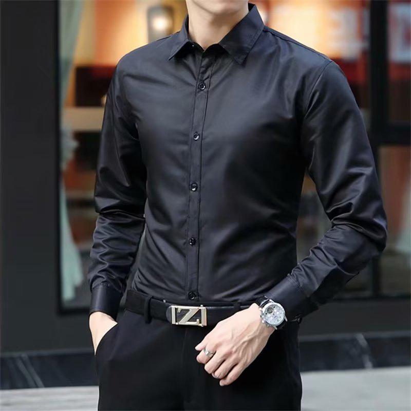 Men's Slim Fit Korean Style Black Long Sleeve Formal Shirt