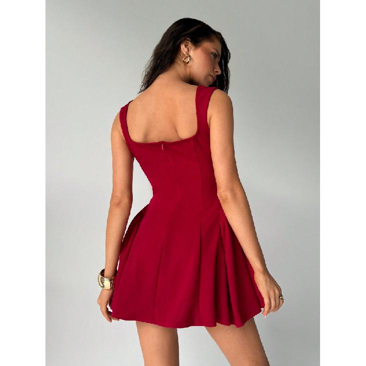 Fashion Solid Color Party Square Neck Backless Mini Slip Dresses 2026 New Elegant High Waist Club Pleated Short Dress