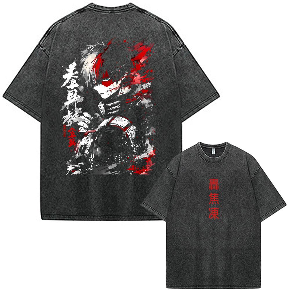 Anime My Hero Academia Vintage Washed T Shirts Shoto Todoroki Graphic T-shirt Men's Women Cotton Oversized Short Sleeve T Shirt