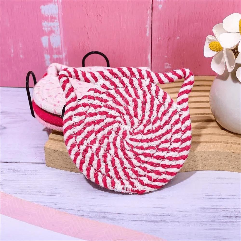 Cat Ear Coasters Set, Handmade Bright Pink Woven Coasters, Non-Slip Absorbent Drink Coasters (With Holder)