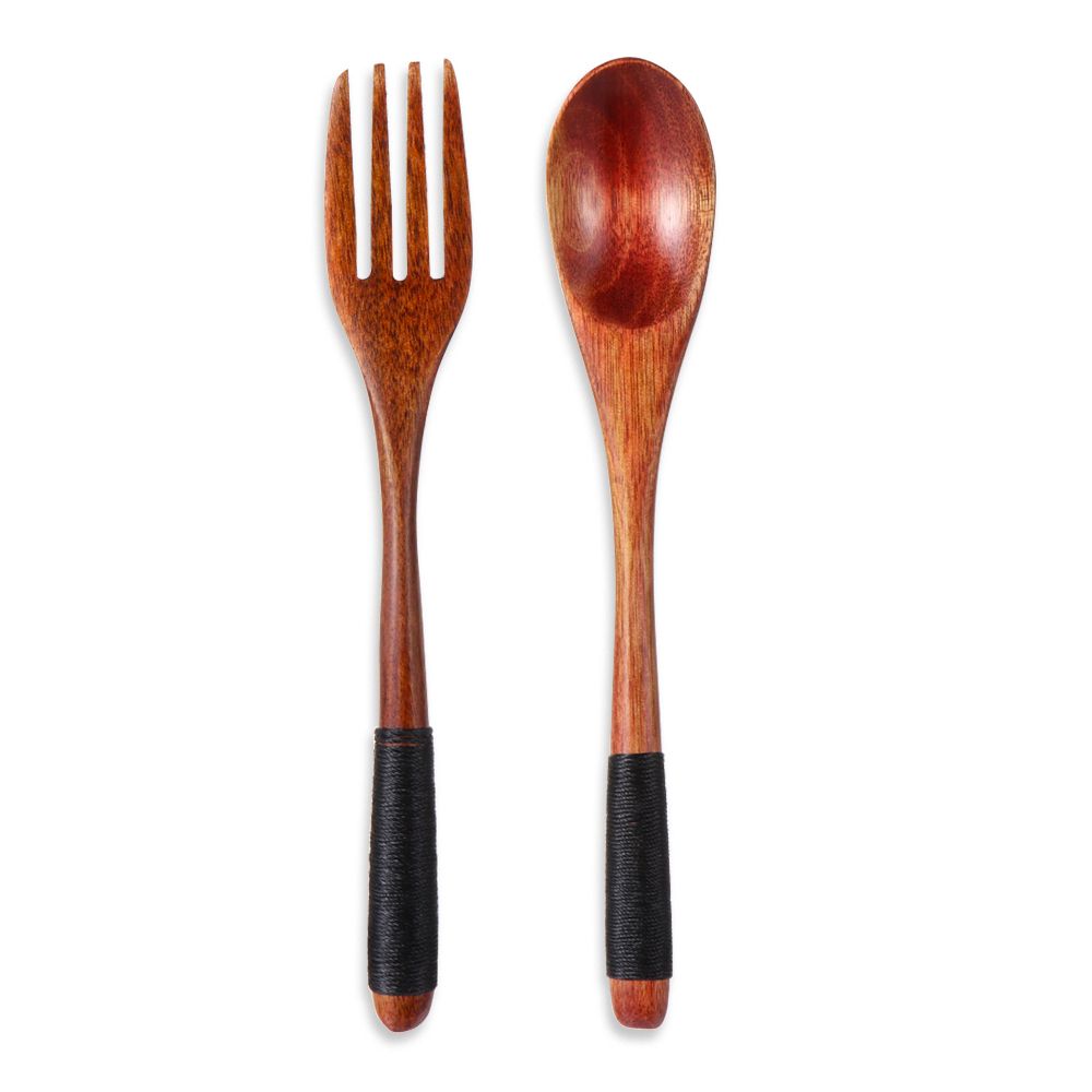 Kitchen Handmade Cloth Bag Portable Spoon Fork Wooden Natural Cutlery Set Tea Scoops