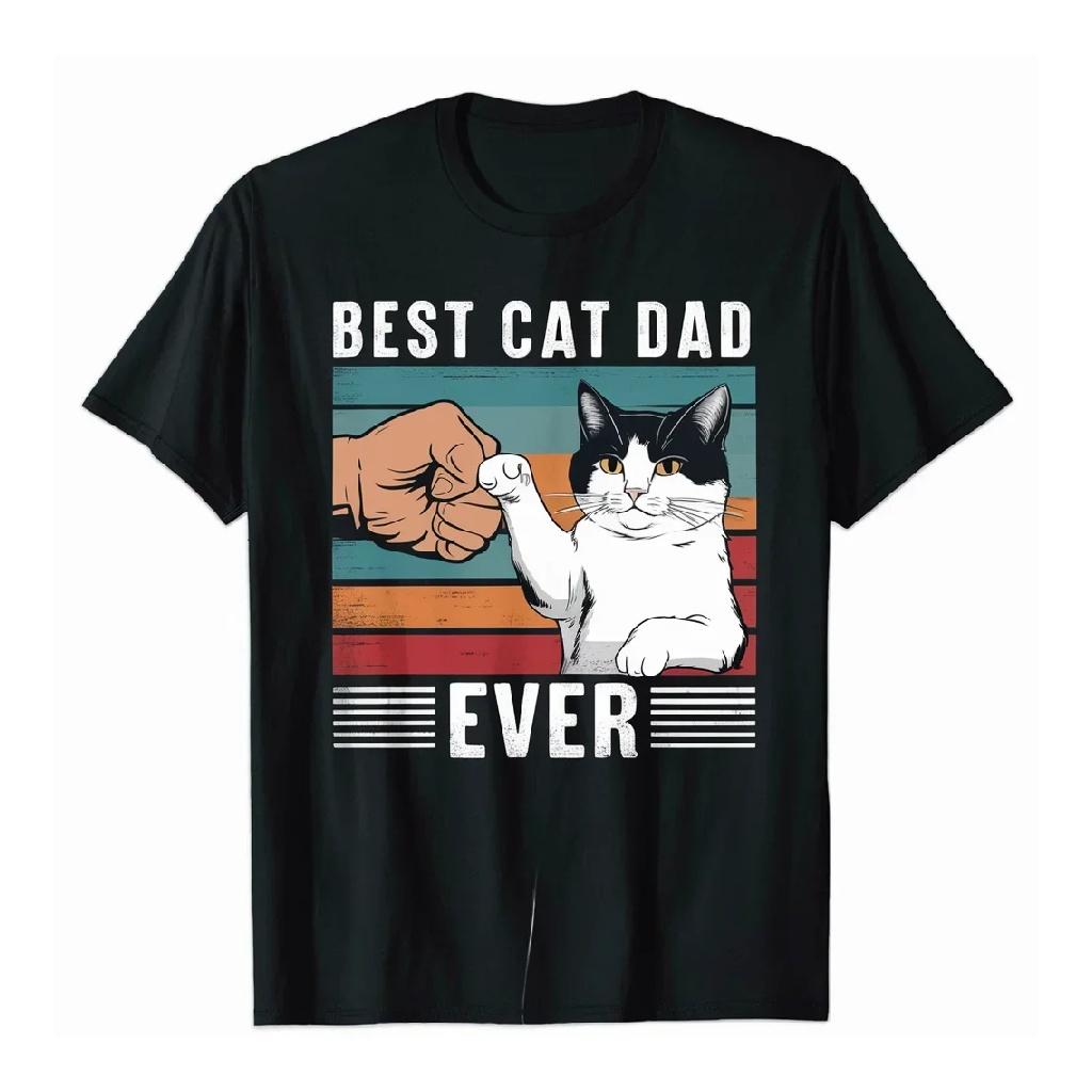 

Best Cat Dad Ever Retro Fist Bump Graphic T-Shirt Short Sleeve Crew Neck Cotton Tee S чёрный
