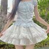 Süße Patchwork Rüschen Zweiteiler Sets Damen Square Neck Tops + A-Linie Plissee Röcke Weibliche Kawaii Volant Streetwear Party Strandanzüge