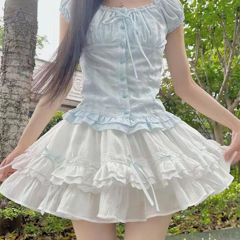 Süße Patchwork Rüschen Zweiteiler Sets Damen Square Neck Tops + A-Linie Plissee Röcke Weibliche Kawaii Volant Streetwear Party Strandanzüge