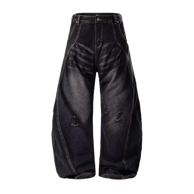 Vintage Washed Distressed Wide Leg Straight Jeans Men Women Loose Fit Casual Denim Pants