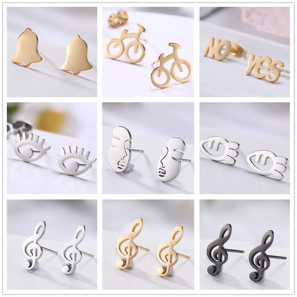 Golden Black Stainless Steel Stud Earrings Set Musical Evil Eye Bike Small Bell Carrot No Yes Earring Gift for Women