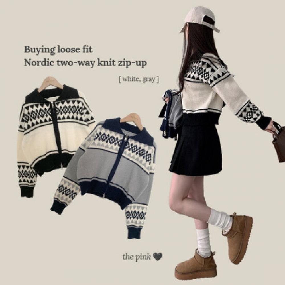 The Pink Men Loose Fit Nordic Color Block Collar Two Way Knit Zip Up