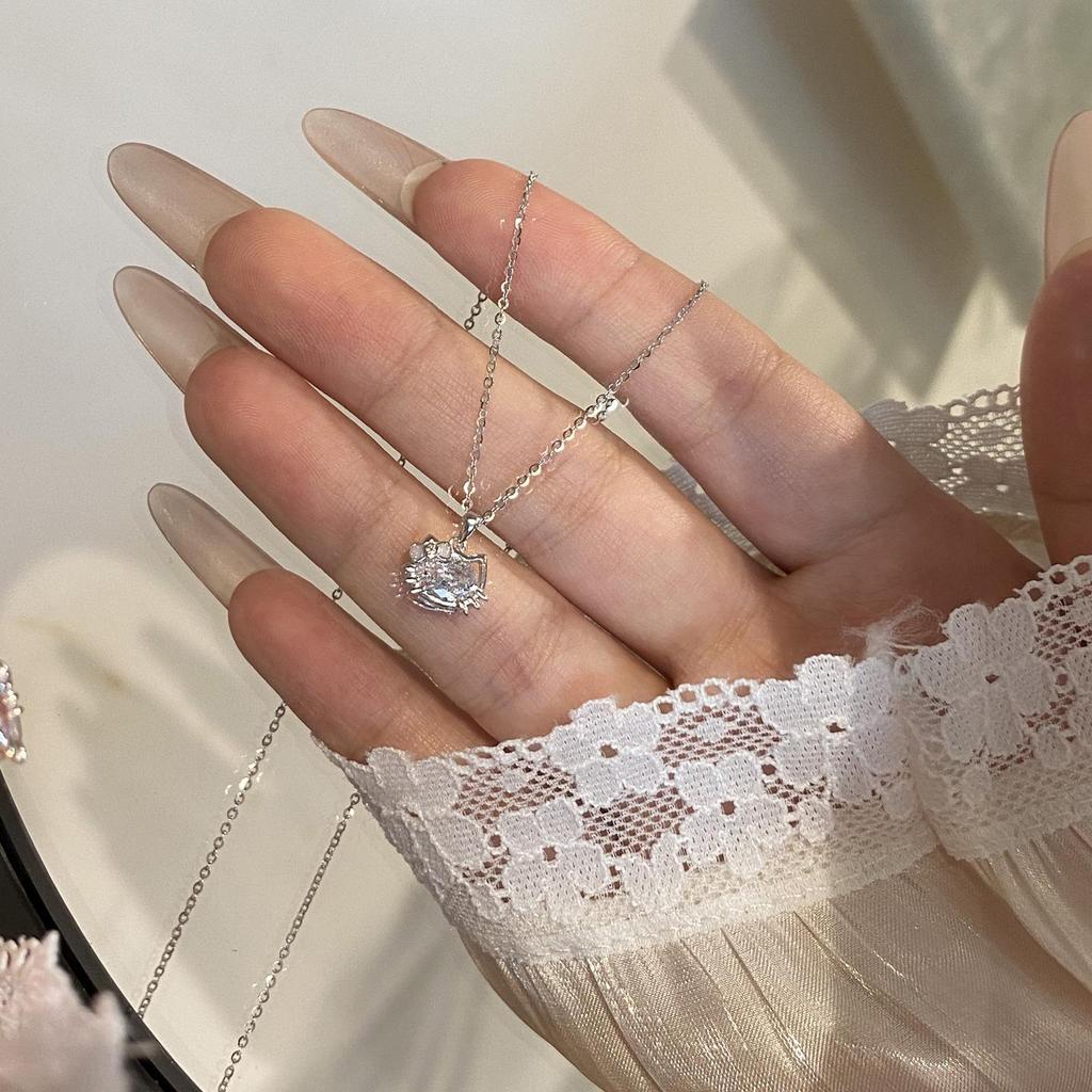 S925 Sterling Silver Pink Bow Cat Necklace with Full Diamond Clavicle Chain for Women
