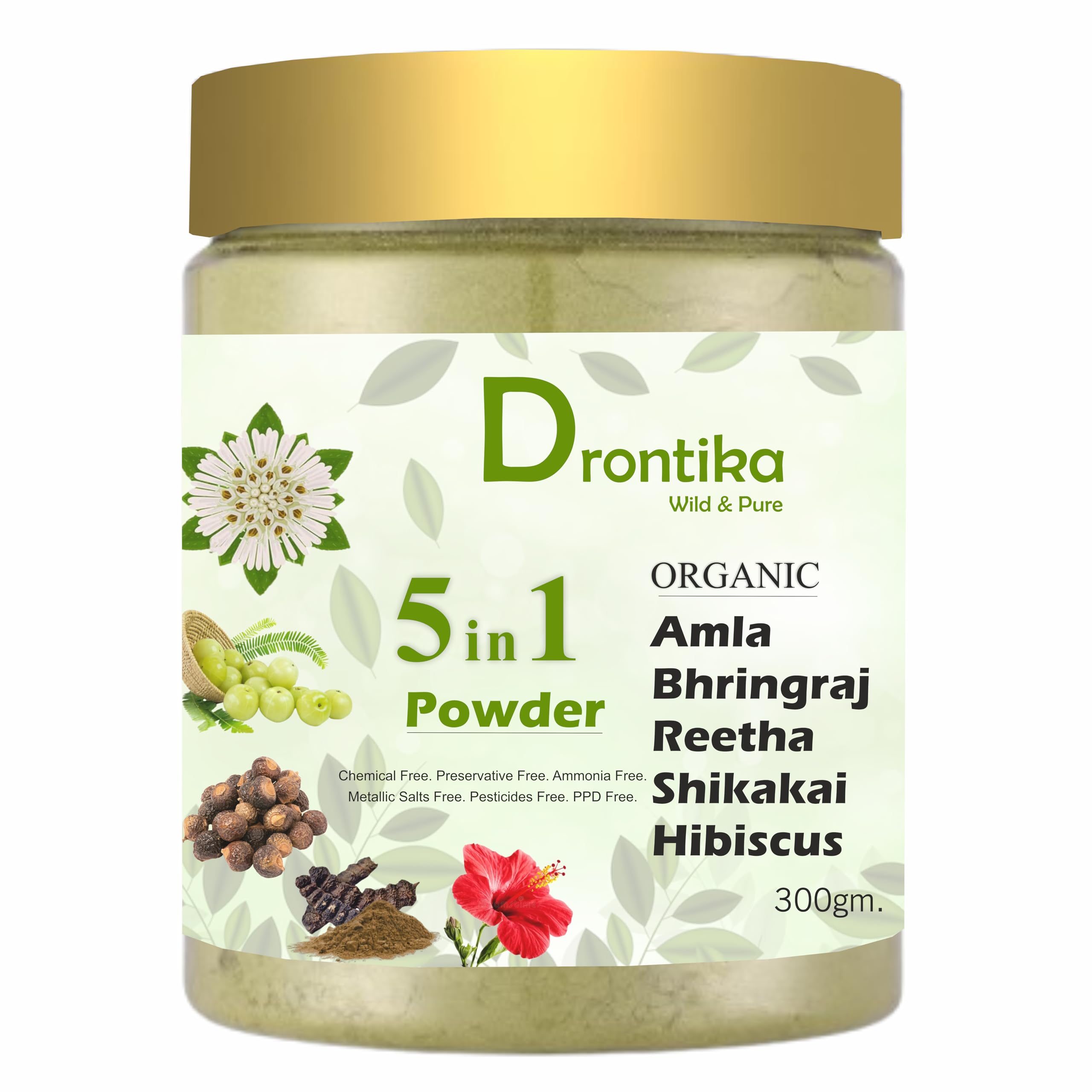 Drontika Wild & Pure 100% Органический набор 5 в 1: Амла, Ритха, Бринградж, Шикакай и Гибискус. Порошок для роста волос и маски для волос 300 г. Счет1