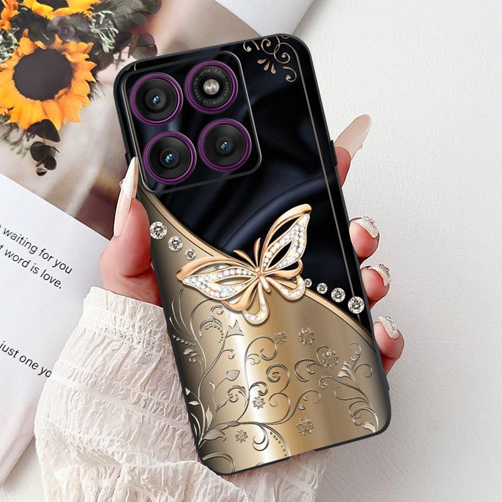 For Motorola Edge 60Pro XT2507-1 Back Cover For Motorola Edge 60 Pro Case Cute Cartoon Luxury Flower Painted Black Silicone 6.7"