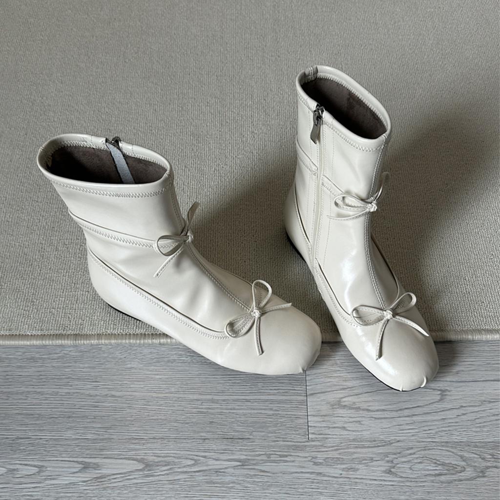 Lammfellversion~ Französische runde Zehen Schleife innen höhenerhöhende kurze Stiefel Damen elastische dünne Stiefel Reißverschluss hinten Temperament kleine nackte Stiefel