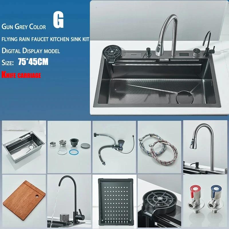 304 High 1uality Intelligent Digital Display  Waterfall Kitchen Sink Large Single Slot Integrated Digital Display Faucet Set