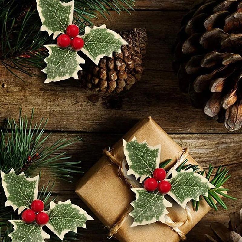 50/5Pcs Christmas Holly Leaves Artificial Red Berries DIY Christmas Flower Wreath Decoration for Home Xmas New Year Gifts Decor
