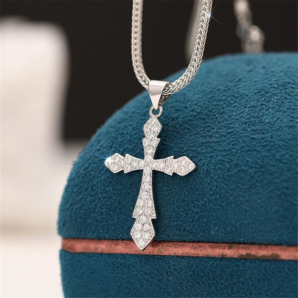 Charm Female Crystal White Zircon Stone Cross Pendant Necklace Vintage Silver Color Wedding  For Women