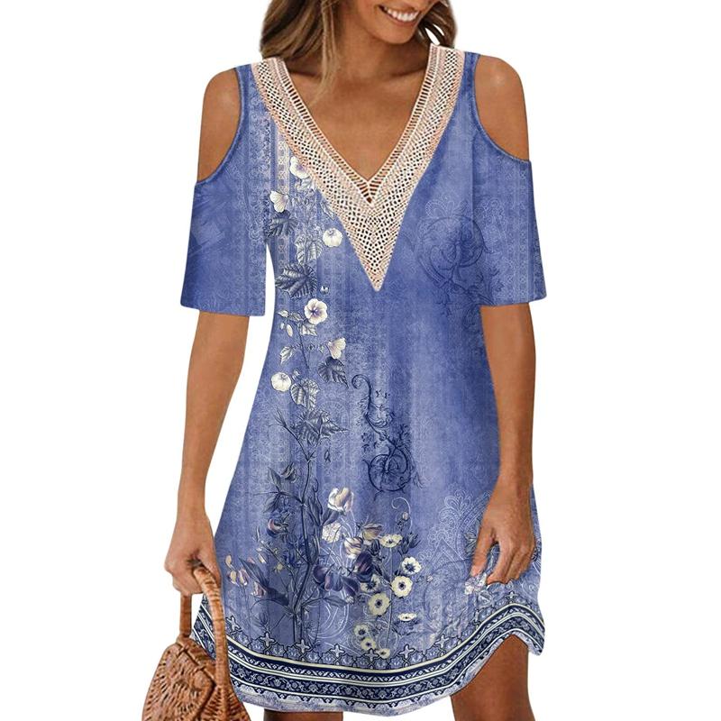 

Женское платье с V-образным вырезом, открытыми плечами, летнее, с кружевным воротником, с цветочным принтом, повседневное 2XL