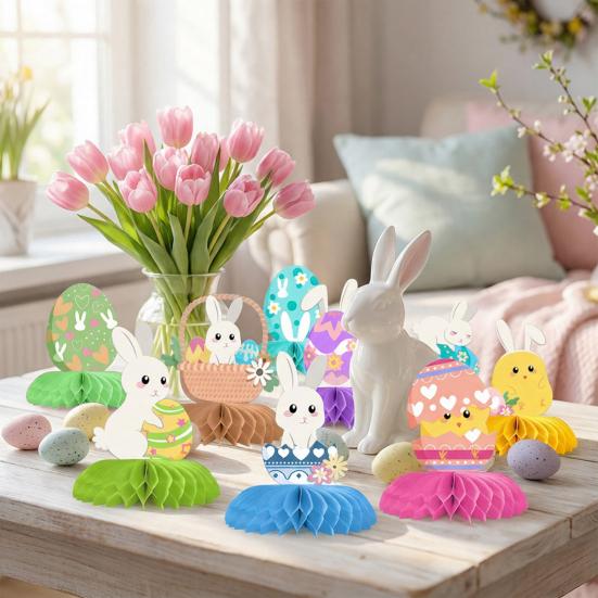 9 delar påskdekorationer med honungskaka och äggtema, bordsdekorationer för bordsfest, heminredning, festliga 3D-honungskakabolldekorationer