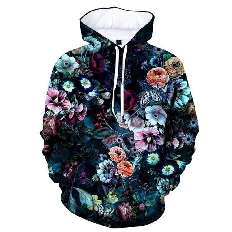 Women's Retro Streetwear Casual 3D Printing Flower Hoodie Fashion Long Sleeve Pullover Hooded Top Sweatshirt