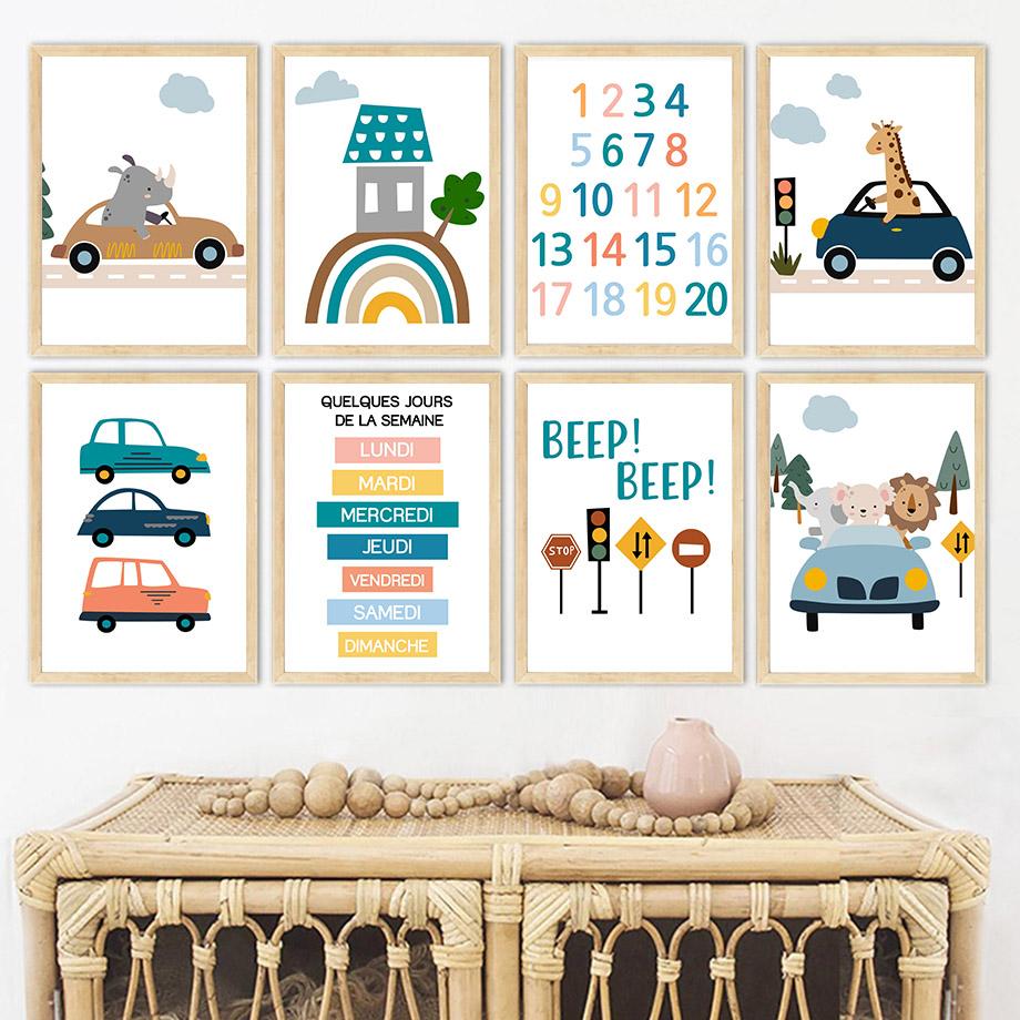 Boho Lion Giraffe Car Traffic Rainbow Number Wall Art Canvas Painting Cartoon Posters And Prints Pictures Baby Kids Room Decor