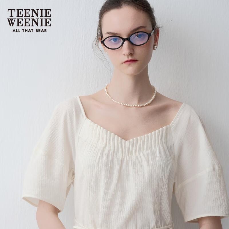 Teenie Weenie Women's Textured White Square Neck Puff Sleeve Dress