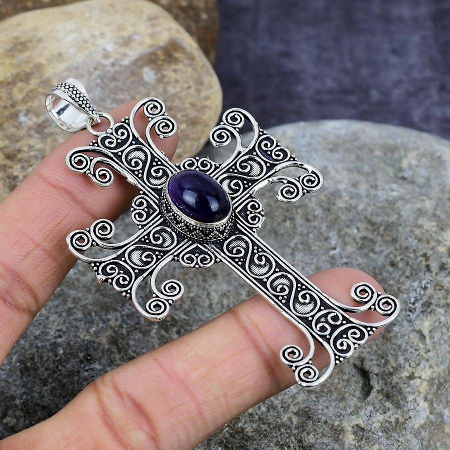

Крест дизайн мудрец аметист драгоценный камень ручной работы стерлингового серебра 925 кулон свадебные украшения