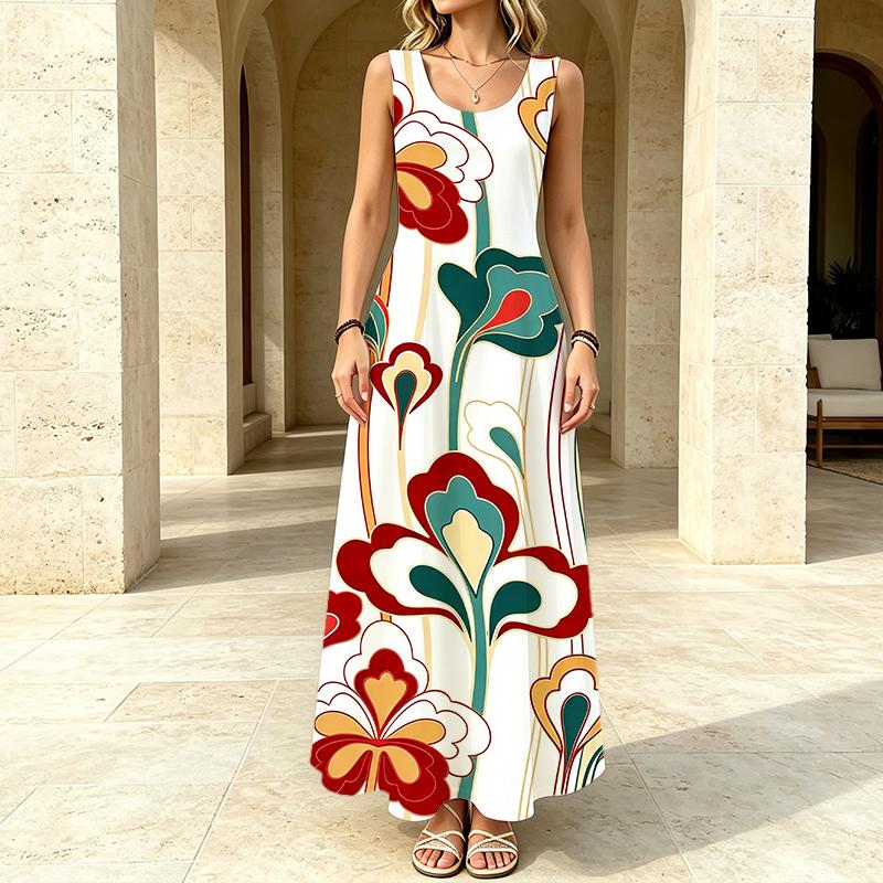 Summer Floral Sleeveless Maxi Dress for Women Loose Fit,Soft Fabric,Vibrant Colors,Versatile for Daily Casual & Outing Wear