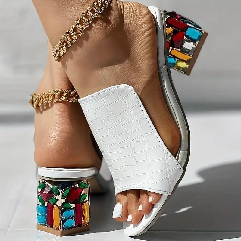 Women Crystal Sandals 2025 New Spring Summer Open Toe Sandals Square Heels Beach Fashion Sandals Women Sandalias De Mujer
