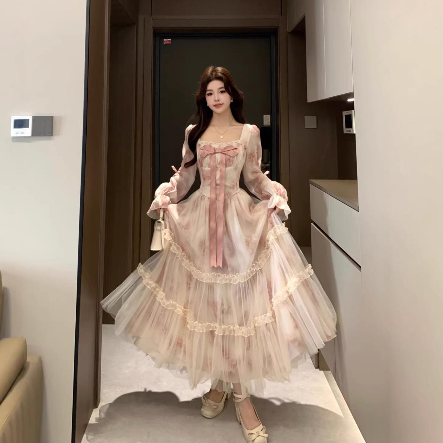 

Gentle Floral Mesh Square-Neck A-line Fairy Dress - Spring 2026 4XL троянди рожеві кольору
