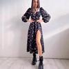 Printed Lace,Up Split Sexy Long Sleeve Dress
