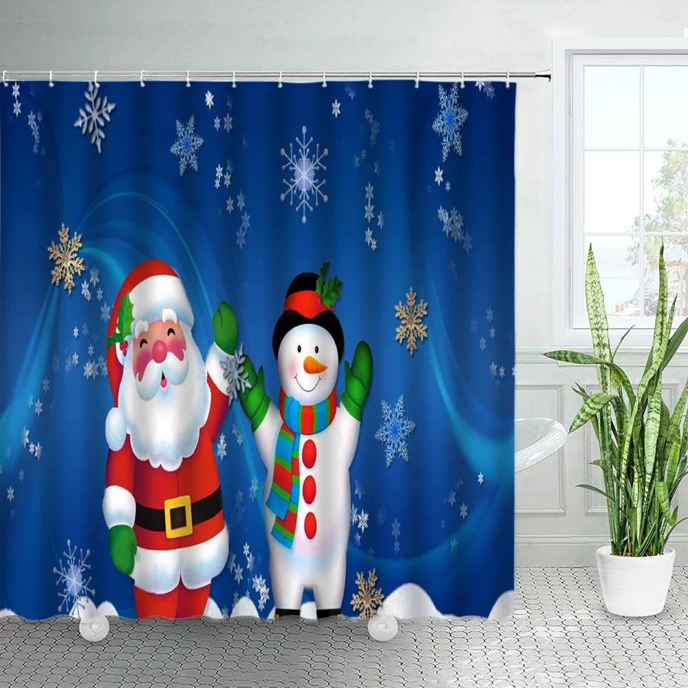 Funny Cartoon Santa Claus Snowman Christmas Shower Curtains Set Winter White Cedar Snowflake Holiday Decor Xmas Bathroom Curtain