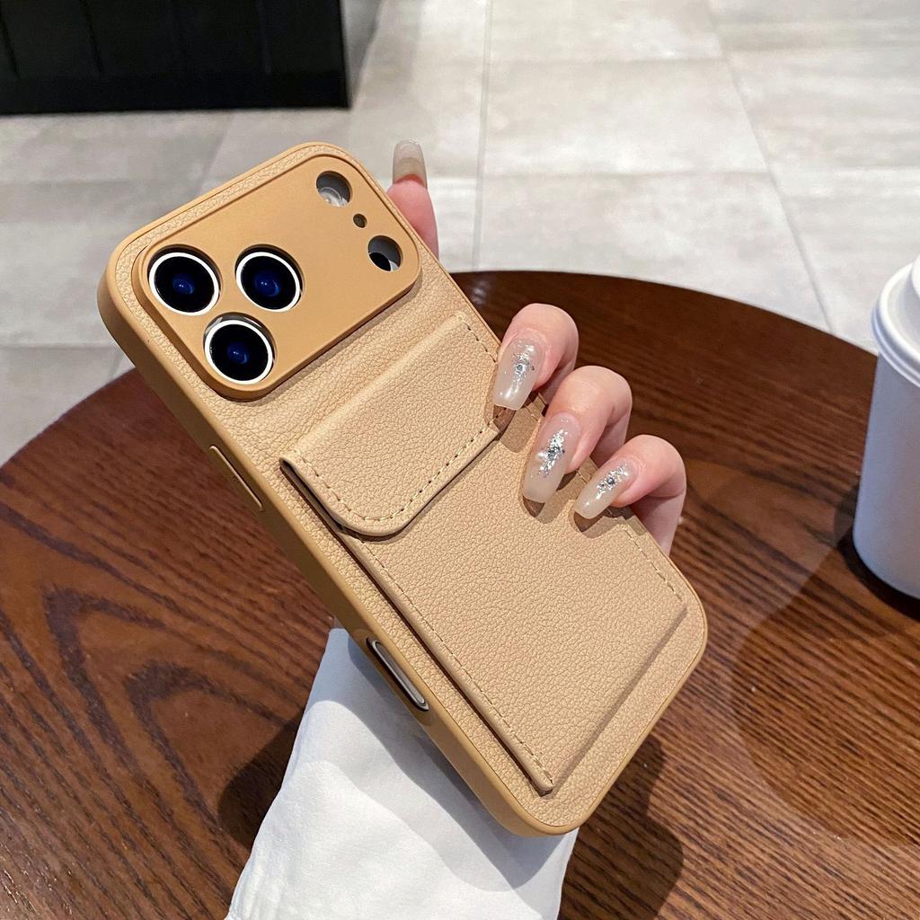 Applicable To iPhone17PROMAX Mobile Phone Case, Plain Leather Lychee Pattern Card Insert Bag Bracket, Apple 16 Anti-drop 15.