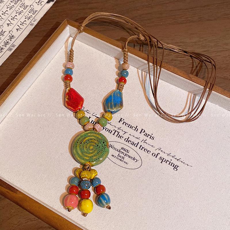 New Chinese Ethnic Style Colored Ceramic Beaded Necklace Women's Literary Weaving Long Sweater Chain Accessories