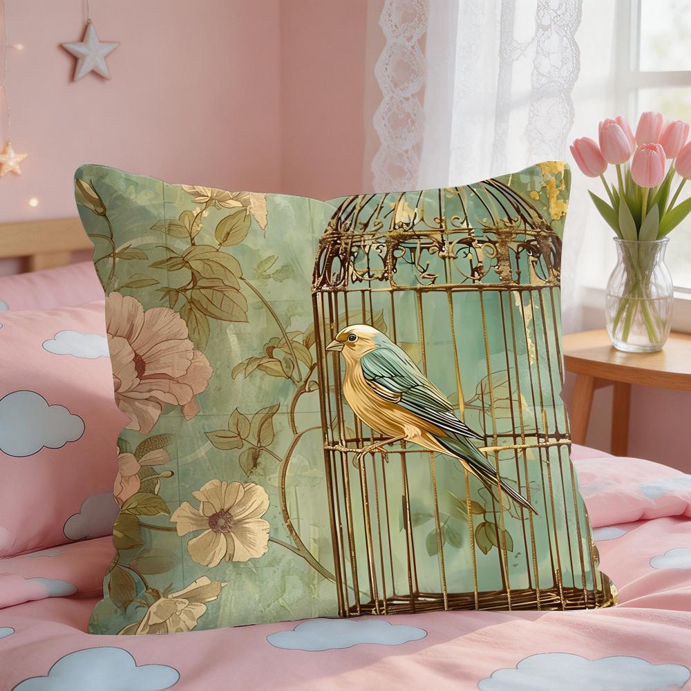 Lovely Bird Retro Cushion Cover Square Short Plush Pillow Case Living Room Sofa Home Decor Funda X