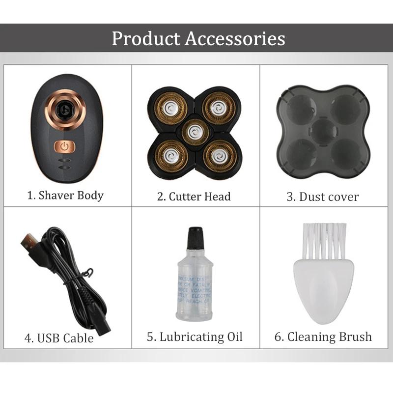 5 Heads Electric Shaver Men Head Polish Hair Trimmer USB Rechargeable Washable 4D Floating Shaving Machine Wet & Dry Razors