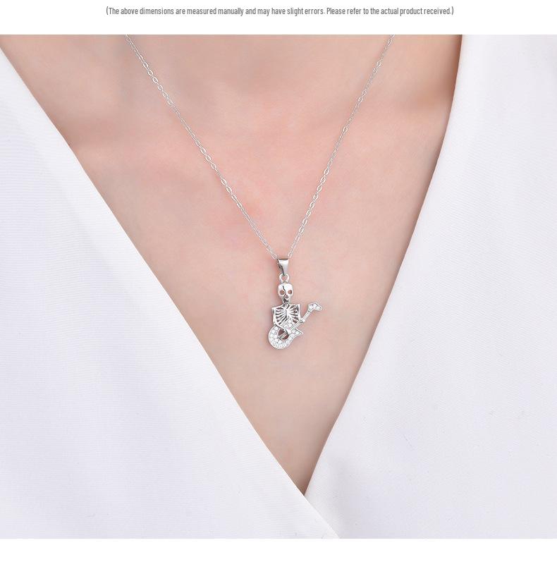 925 Sterling Silver Vintage Skull Guitarist Pendant Necklace - Unisex European American Hip Hop Punk Style Clavicle Chain