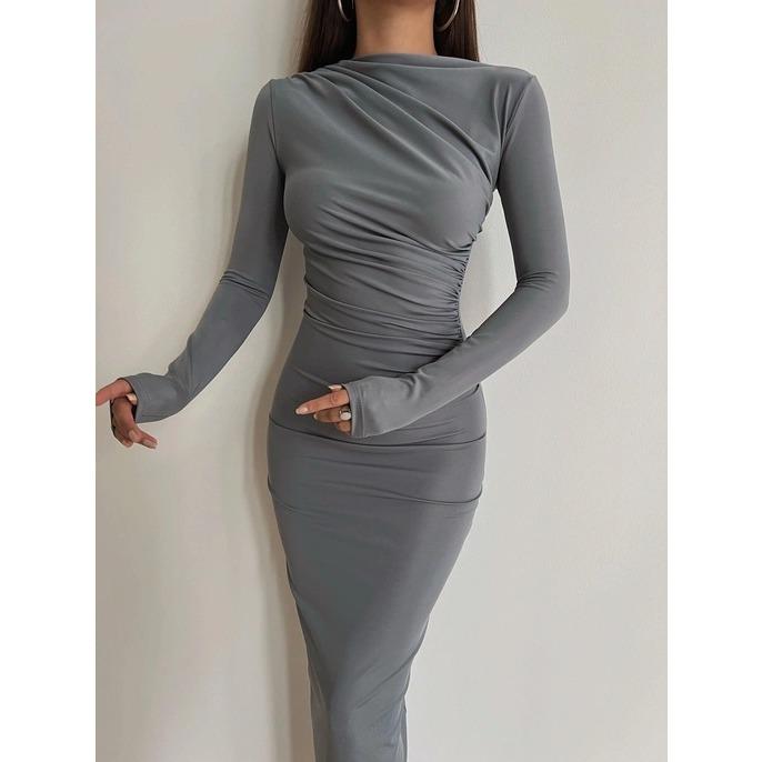 

QICED Осень-зима Женское модное платье с круглым вырезом и длинным рукавом, облегающее, с сумкой на ягодицах, однотонное, темпераментное платье XXL