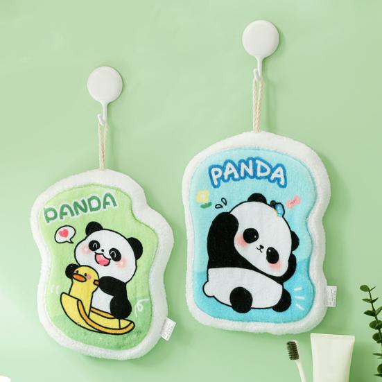 Cartoon Panda Hand Towel Hanging Thickened Washcloth Absorbent Towel with Hanging Ring for Kitchen Bathroom Home Travel