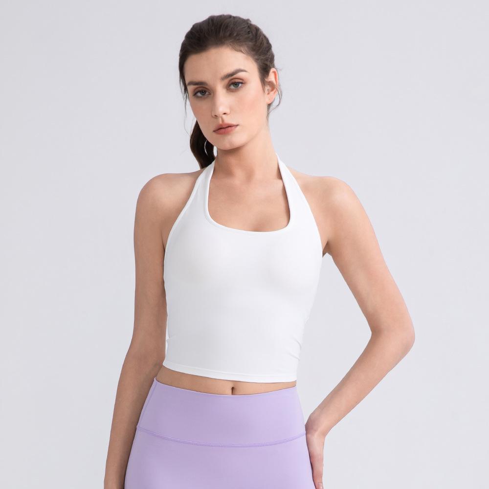 Damski Top Sportowy do Jogi z Dekoltem na Szyi i Wkładkami - Nude, Seksowny Tył Styl 52167