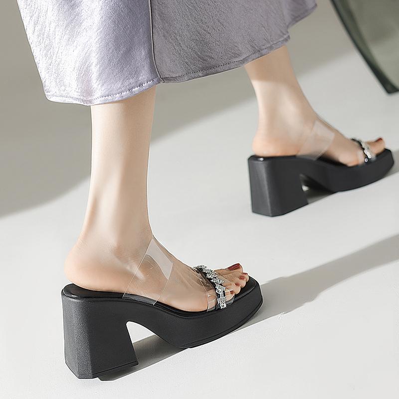 Fashion Sandals Women Clear Strap Chunky Heeled Sandals Women Platform Wedges High Heels Shoes Flip Flops Beach Slippers Dress Crystal