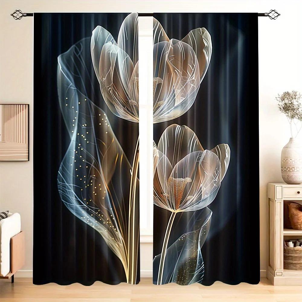2pcs Set Golden Black Floral Digital Print Curtains Rod Pocket Design For Living Room Kitchen Bedroom Study Contemporary Home