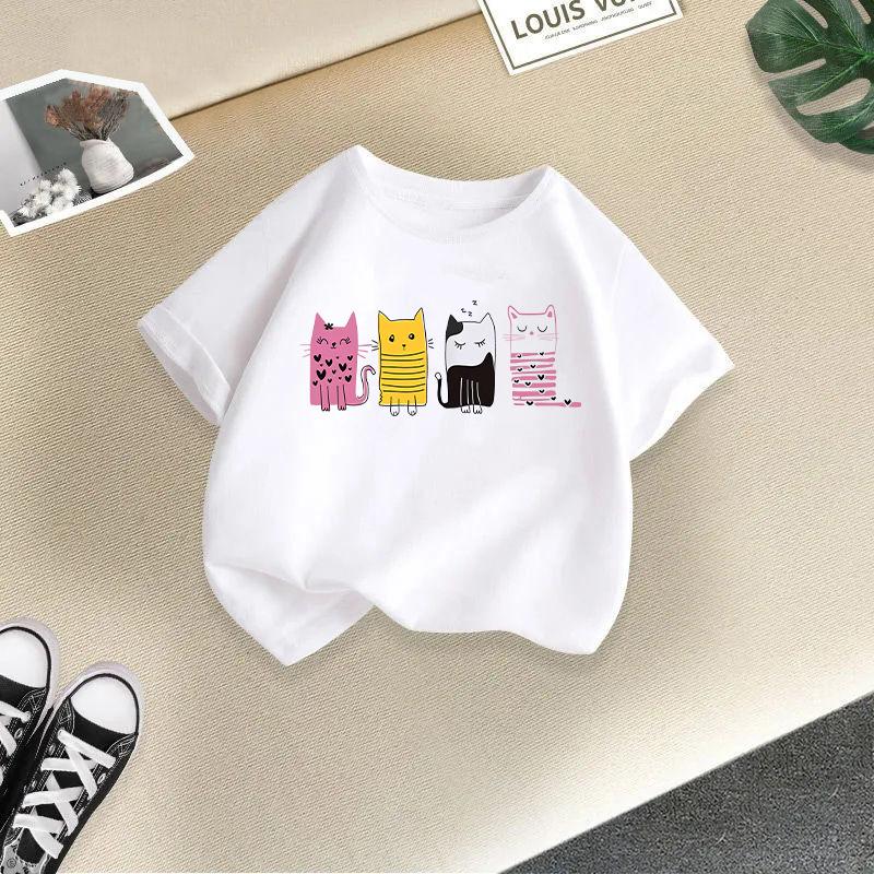 2025 Cute Cat Printed Summer New Product Children's Clothing Children's Short Sleeved T-shirt Baby Fashion T-shirt