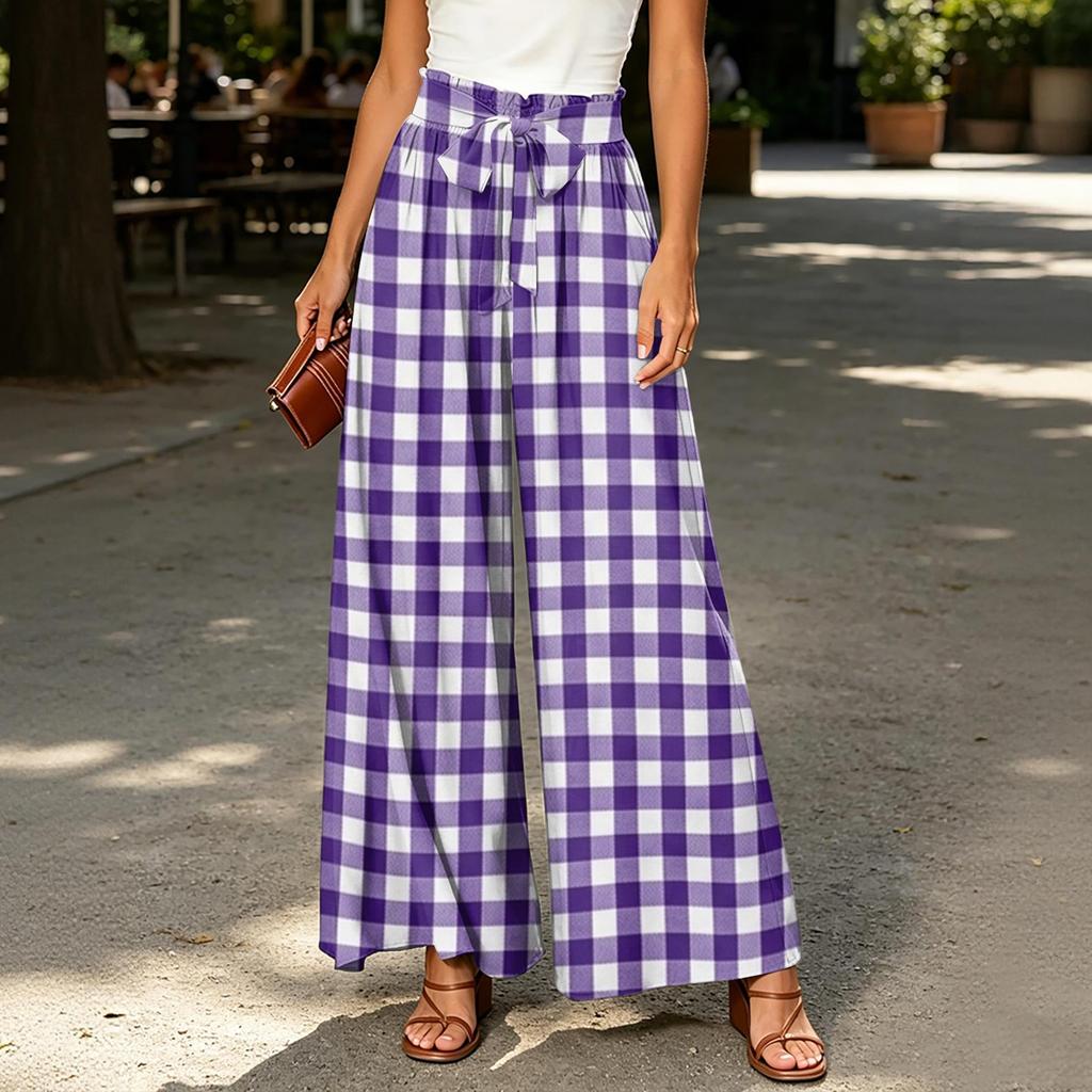 Women's High Waist Wide Leg Pants with Striped Plaid Print Casual Loose Fit Trousers with Tie Belt and Pockets for Everyday Wear