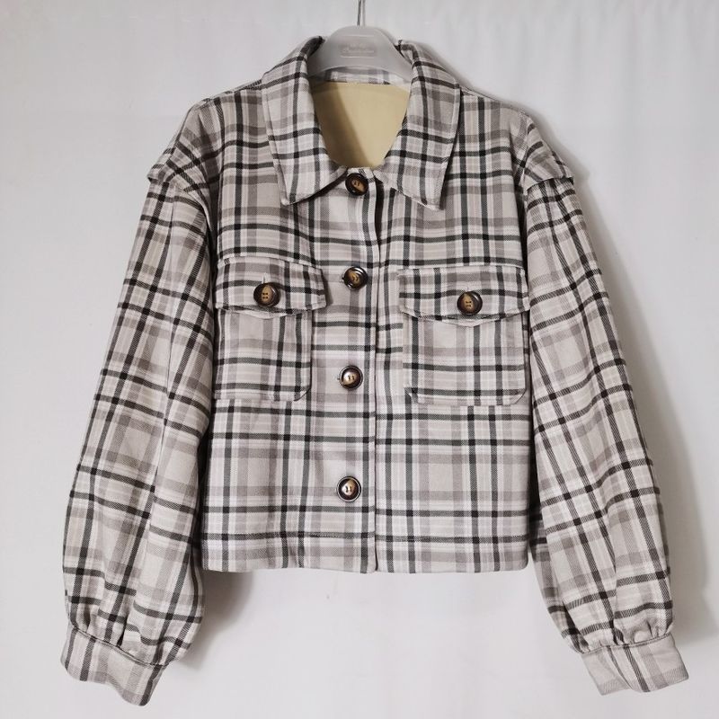 

Экспорт Мода Оригинальная Одиночная Этикетка Приталенный Стильный Рукав-Колокол Многокарманная Рабочая Одежда Короткое Пальто Маленькая Ветровка Grey Gingham L