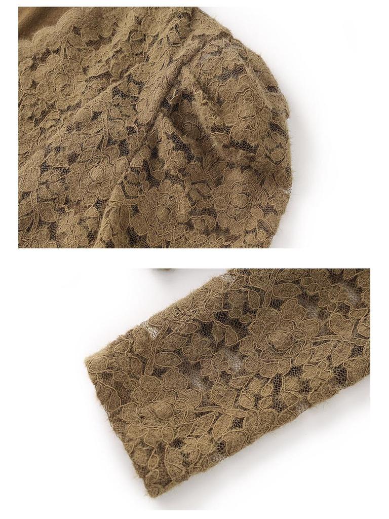 Elegant Slimming V-Neck Long Sleeve Knit Top with Fleece, Brushed Finish, and Lace Trim