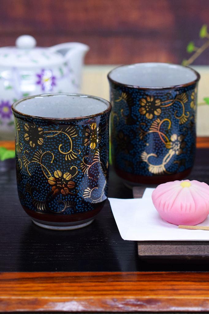 Waza no Kura Stylish Pair of Kutani Ware Teacups - Blue Grain Clematis Design - Ceramic Brand - Japanese Tableware - Made in Japan - Perfect Gift for