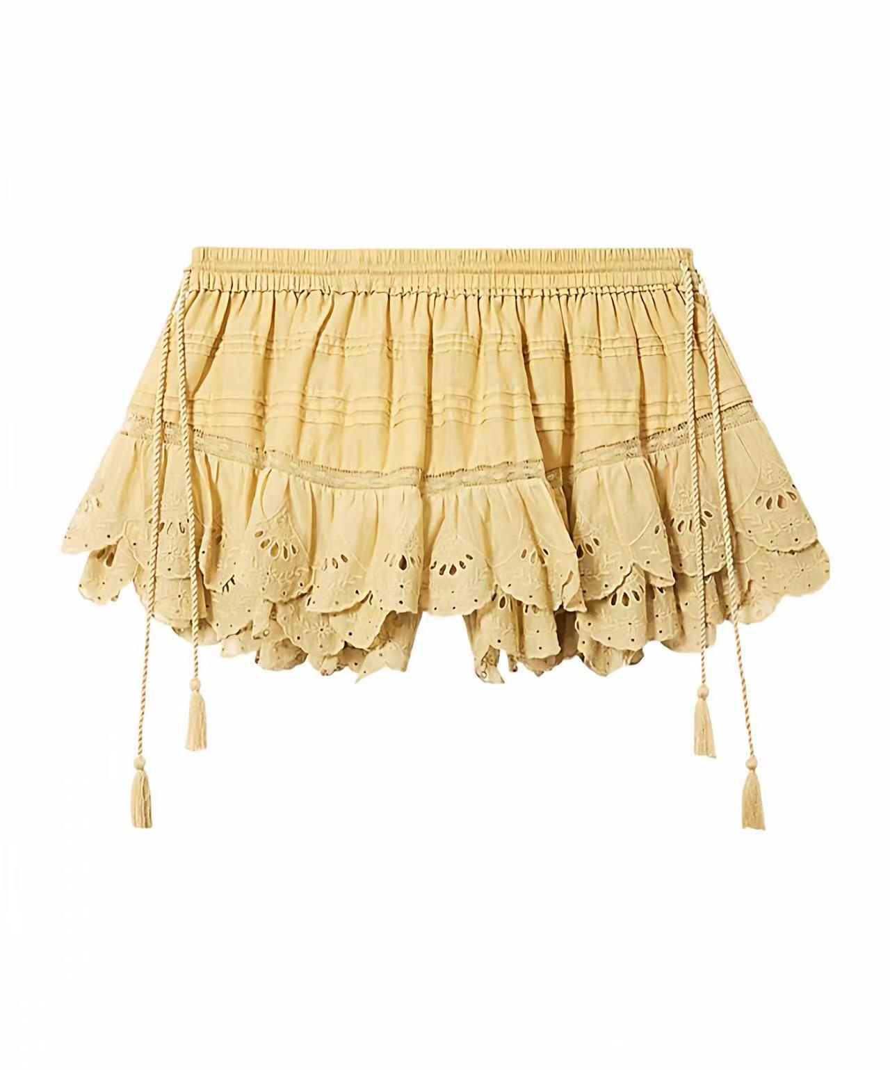 

French 2026 Spring/Summer Solid Color Drawstring Cake Skirt Pants with Tassel Tie Lace Shorts 38 (L) жовтий