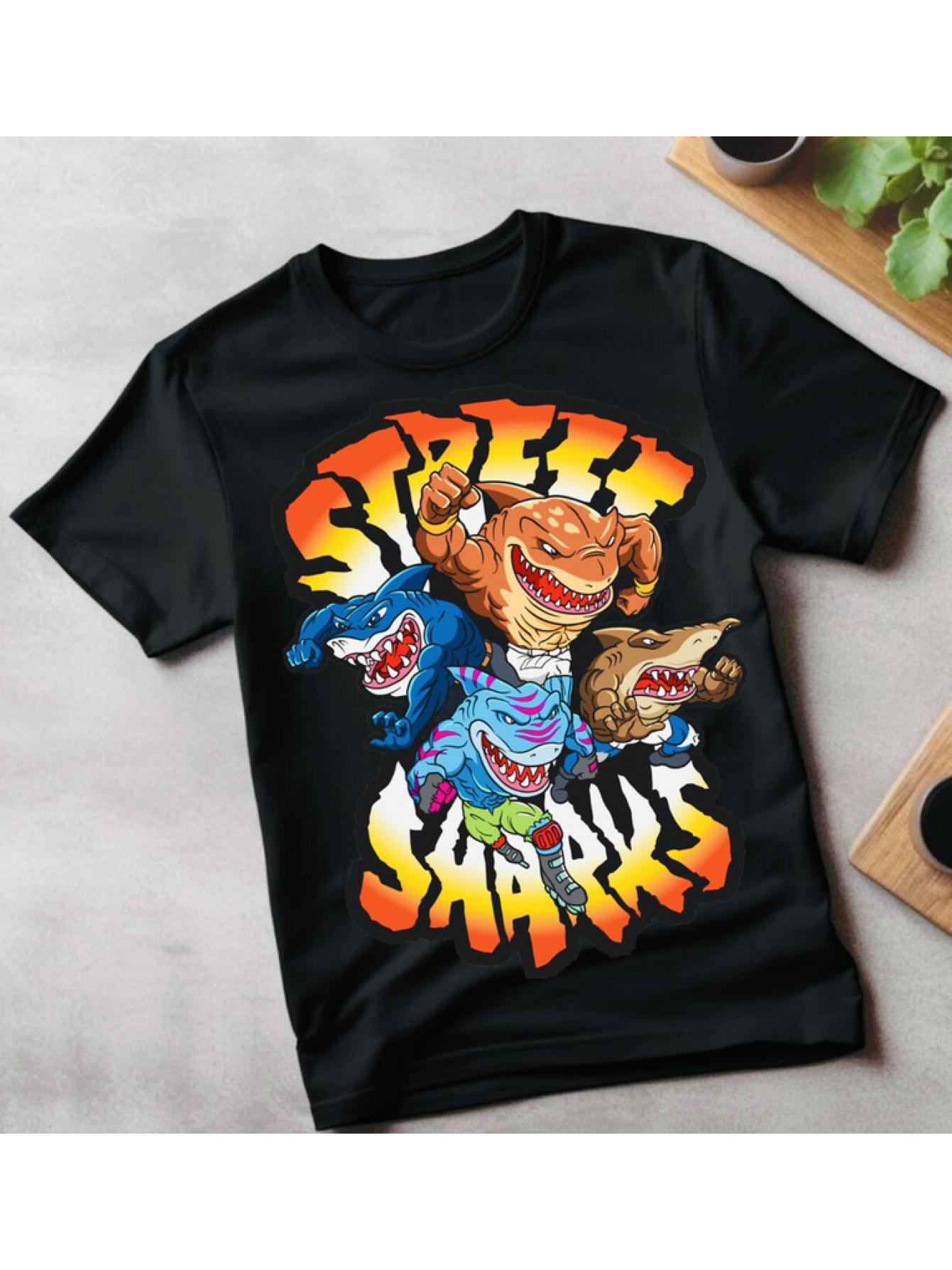 Street Shark Pattern T-Shirt - Bold Cartoon Shark Print XXL