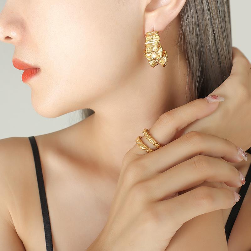 Gold Plated Jewelry Earrings Women 18k Gold Plated Stainless Steel Geometric Fold Texture Huggie Earrings